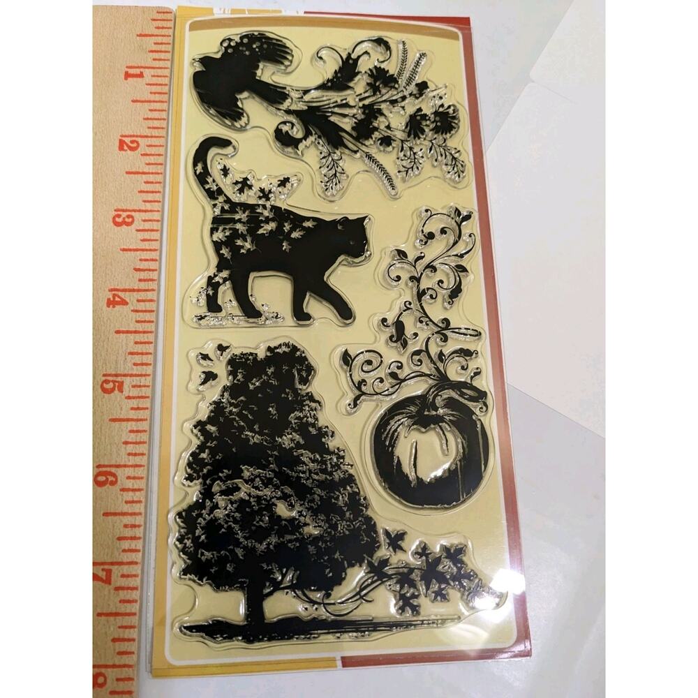 Inkadinkado Clear Stamps FALL FIELDS Autumn Pumpkin Tree Cat Birds